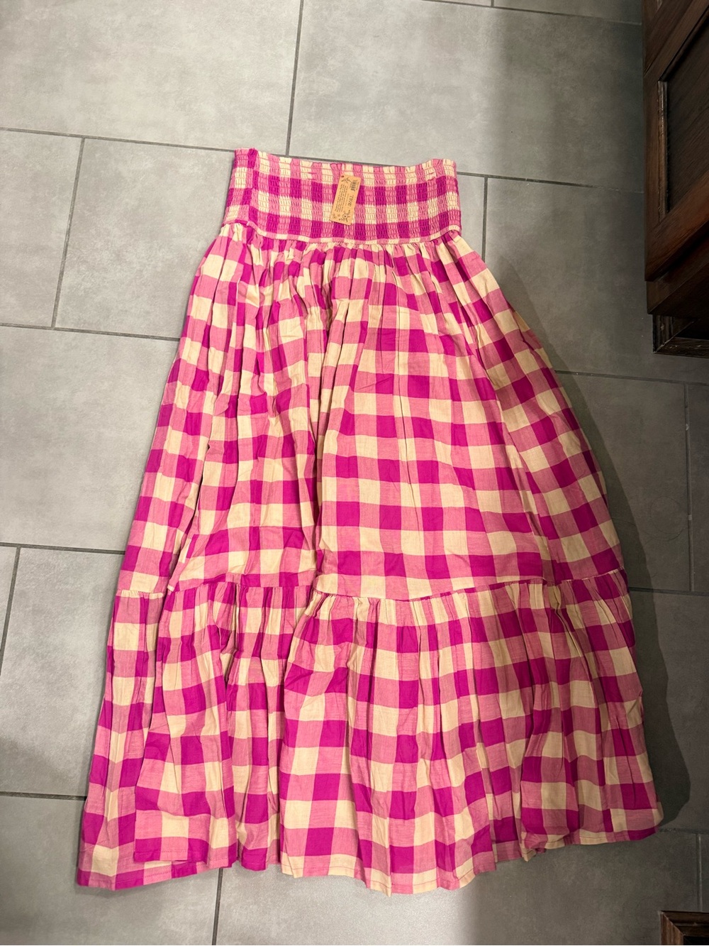 NATURAL LIFE Pink and Cream Gingham Tiered Maxi Skirt